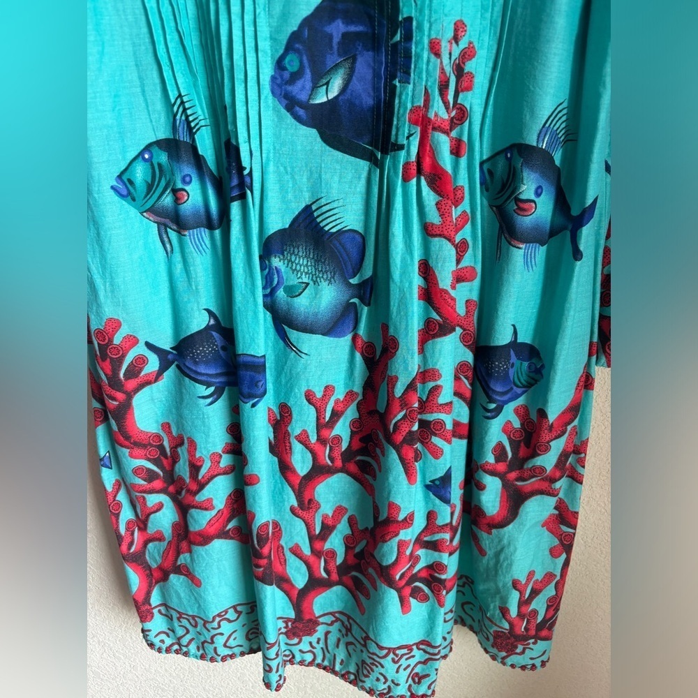 Soft Surroundings Seychelles Tropical Ocean Print Beaded Pleated Tunic Dress L - Picture 2 of 10
